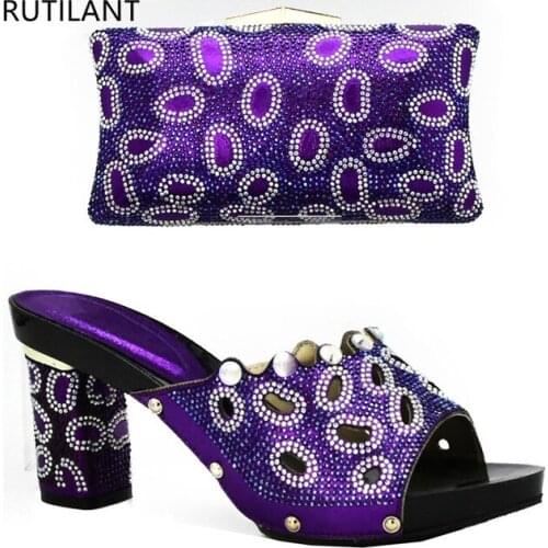 Women Shoes and Bag Set In Italy New Purple Color Italian Shoes and Bags To Match Shoes with Bag Set Decorated with Rhinestone