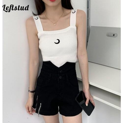 Embroidered knitted vest womens short 2021 summer new Korean style high waist outer wear and thin slim stretch sling top