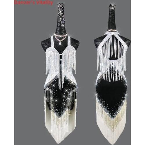 Latin Dance Dress High-end Tassel Diamond Long Skirt Performance Clothes Professional Custom Child Women Competition Clothing