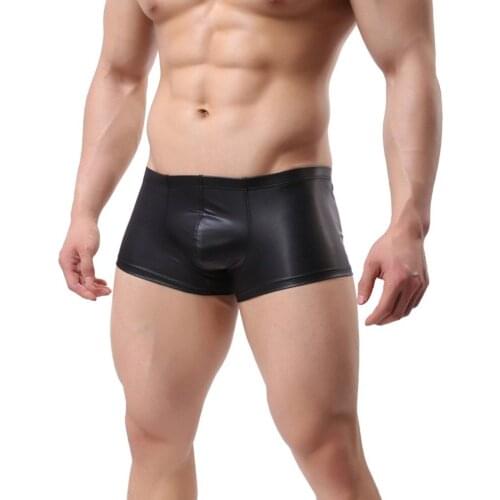 2020 Sexy Men Boxer Boxershorts Mens PU leather U Convex Pouch Underpants Fashion Male Panties Underwear Classical Plaid Shorts