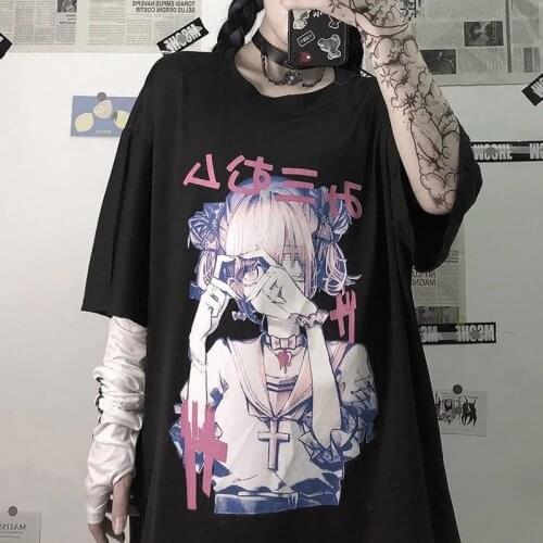 2021 Summer Anime Harajuku Gothic Streetwear Tshirt Kawaii Girl Pattern Casual T shirts Women Loose Oversized T-shirts Tops Y2k