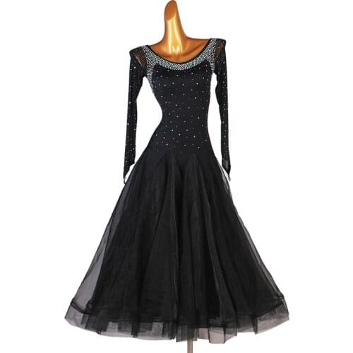 Ballroom Dance Dresses Womens Performance Spandex Crystals Rhinestones Long Sleeves Dress