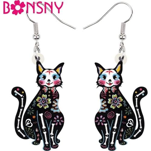 BONSNY Halloween Acrylic Sweet Flowers Skull Cat Kitten Earrings Fashion Skeleton Drop Dangle Pets Jewelry For Women Girl Teens