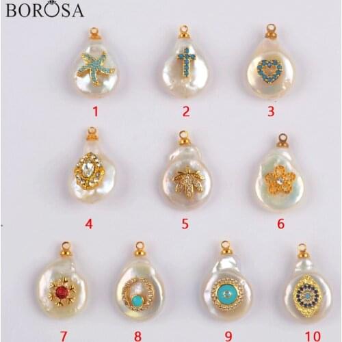 BOROSA 10Pcs High Quality Gild Natural Freshwater Pearl With Multi Shape Rainbow CZ Charm for Earrings Handmade Jewelry G1902