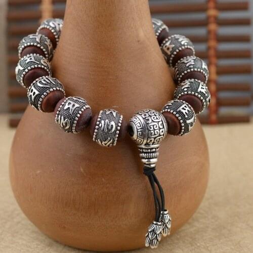 925 Sterling Silver color Buddha Mantra Beads Bracelet For Men Tibetan Om Mani Padme Hum Bracelet Lobular Red Sandalwood Inlaid