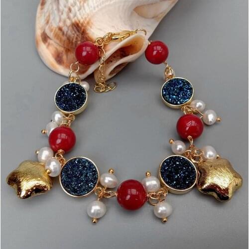 YYGEM Handmade Cultured White Freshwater Pearl Blue Titanium Druzy Red Coral Charm Wrap Bracelet Women Wedding Party Gift
