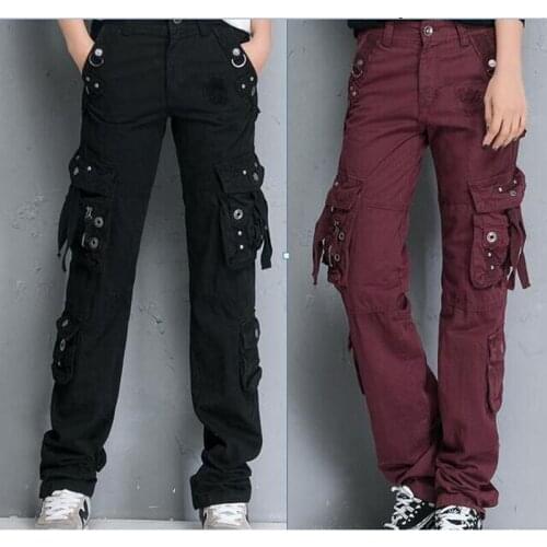 New Women'Pants Army Green military cotton cargo pants loose Multi pockets straight Street Dance trousers