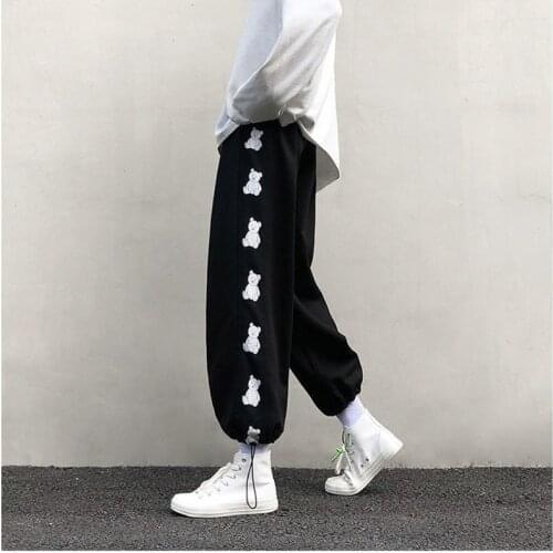 QWEEK Harajuku Cute Bear Print Gray Jogging Sweatpants Women Oversized Joggers Black Sports Pants Loose Trousers Korean Style