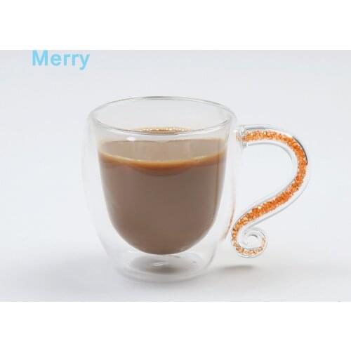 Personalized Customized Double Wall Cup with Crystal & Acrylic Rhinestones Filled Hand grip Glass Coffee Mugs