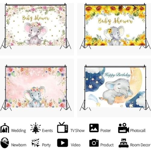 Spring Flowers Cute Little Elephant Pink Backdrop Kids Birthday Party Room Decoration Photo Baby Newborn Bath Custom Background