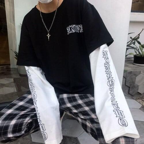 Gothic letter printed T-shirt Korean ulzzang Harajuku BF street versatile loose men women fake two-piece shirts punk streetwear