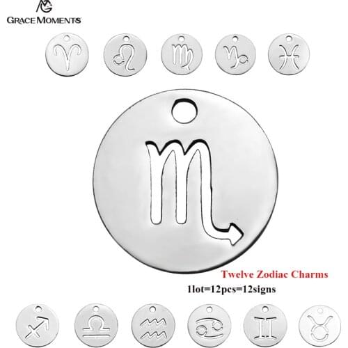 Grace Moments 12pcs/lot 12mm Round Disc Whole Twelve Zodiac Charms DIY Constellation Charms for Making Jewelry Different Signs