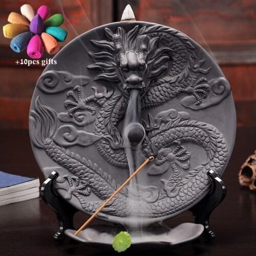 Ceramic Dragon Dish Backflow Incense Burner Incense Stick Holder Smoke Waterfall Censer Home Office Decor + 10pcs Free Cones