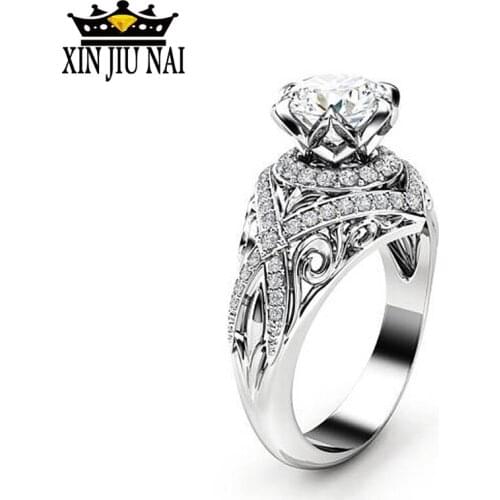 Classic Round Top Quality Zircon Ring With White Silver Color Leaf Vintage Engagement Wedding Rings for Women Party Jewelry Gift
