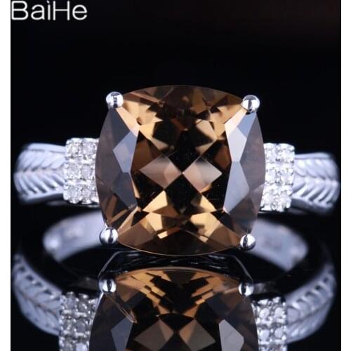 BAIHE Sterling Silver 925 4.78ct Cushion Genuine Smokey Quartz Anniversary Women Office/career Fine Jewelry Smokey Quartz Ring