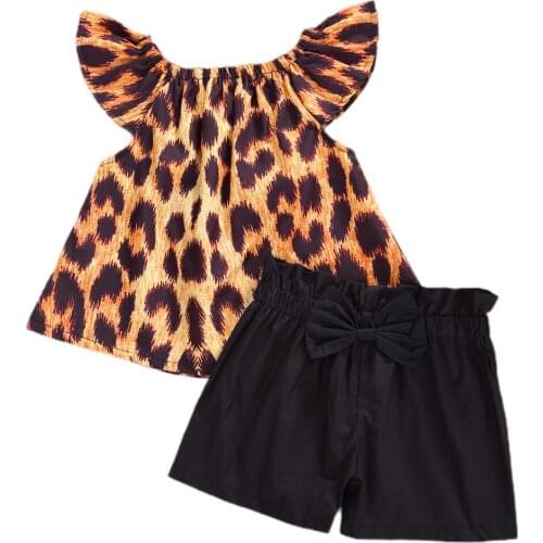 1-6Y Infant Baby Girls Clothes Sets Leopard Ruffles Off Shoulder T Shirts Tops Shorts 2pcs Outfits