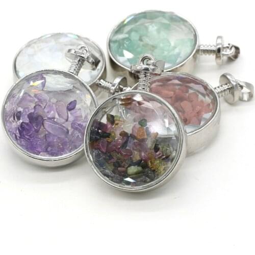 Round Crystal Glass Pendant Natural Tourmaline Chip Stone Clear Wishing Bottle Charms for Female Men DIY Necklace Making Jewelry