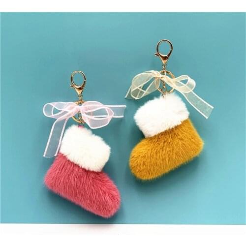 Cute bow Cartoon Plush Christmas Boots Keychain Girls Backpack Satchel Pendant Women Car Key Chain Key Ring Gift