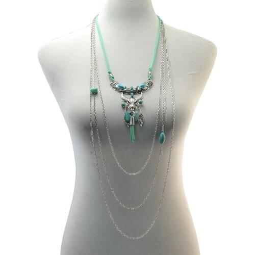 Multilayers Vintage Silver Metal Chain Blue Stone Bull Head Pendant Necklaces for Women Bohemian Ethnic Party Jewelry Gift