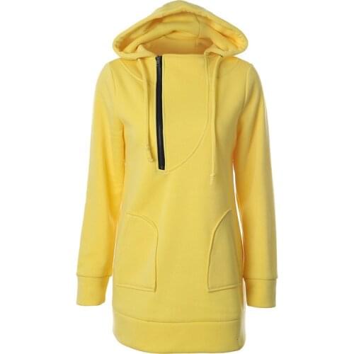 Euramerican Fashion Women Hoodies Sweatshirts Yellow Zipper Cap Drawstring Long Sleeve Shirt Pocket Sweatshirt Women Hoodies