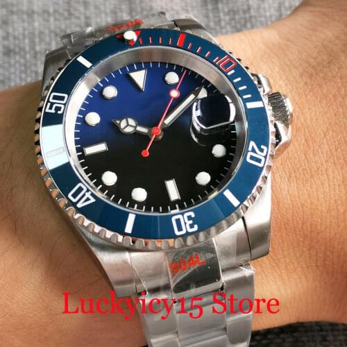 BLIGER Black Blue Gradient Dial SUB Men Watch NH35A Movement Red Second Hand Polish Oyster Strap Glidde Lock 10 Bar Waterproof