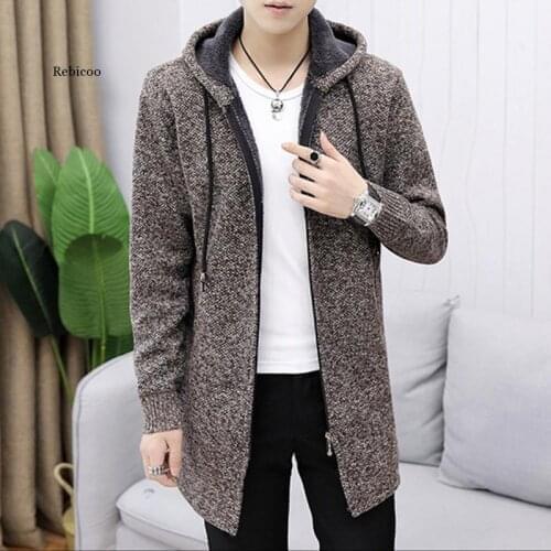 Mens Wool Cardigan Slim Fit Autumn Winter Warm Thick Solid Hooded Zipper Long Jackets Knitted Cotton Casual Fsashion Sweaters