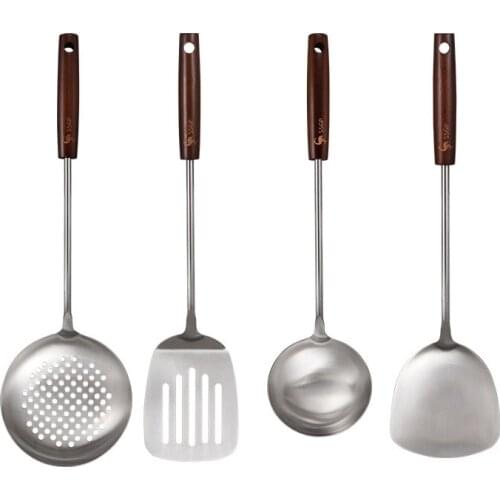 4pcs/set Sus 304 Stainless Steel+wood Cooking Tool Sets Spatula Soup Colander Full Kitchenware Set Kitchen Shovel Cooking Shovel