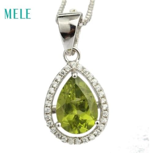 Natural green peridot and red garnet silver pendant, pears 7mm*10mm, August birthstone and January birthstone, elegant pendant