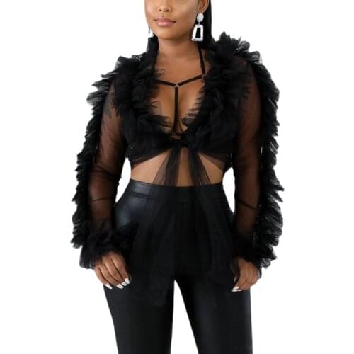 2021 New Sexy Mesh Sheer Tops Women Blouses Low-cut Long Sleeve Perspective Midriff-baring Lace-up Cardigan Solid Color Shirts