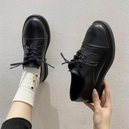 Solid Black Leather Casual Shoes Woman New Oxford Shoes for Women Shoes Lace Up Thick Bottom Autumn Winter Flats Plus Size