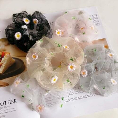 Yellow Daisy Floral Thin Mesh Hair Rope Rubber Band Rope Elastic Girls Scrunchies Ponytail Holder Hair Bands Ties Accessories