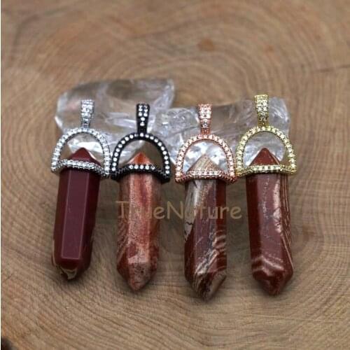 Hexagon Red Jaspers Petite Nugget Pendant Necklace Gun Black Electroplated Cap Copper Point Pendant Finding In 45*10 mm PM7441