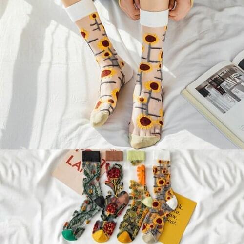 Creative Harajuku New Product Crystal Silk Tide Socks Women Funny Sunflowers Vines Flowers Casual Female Cat High Quality Sox