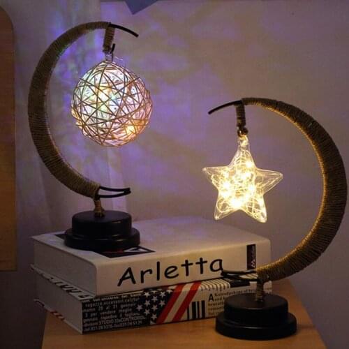 USB Rattan Ball LED Lamp Stars Moon Light For Children Birthday Gift Handmade Hemp Rope Wrought Iron Fairy StringNightlight