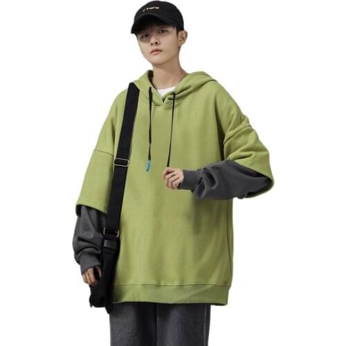 Spring new mens hooded stitching wild pullover loose casual fake two-piece hoodie