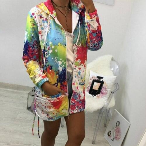 Women Fashion High Street Zip up Printed Jacket Casual Long Sleeve Hooded Coat