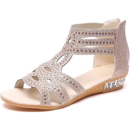 2019 Summer Women Shoes High Top Peep Toe Cut-Outs Sandals Women Cover Heel Zipper Wedge Sandals With Crystal XKD4328