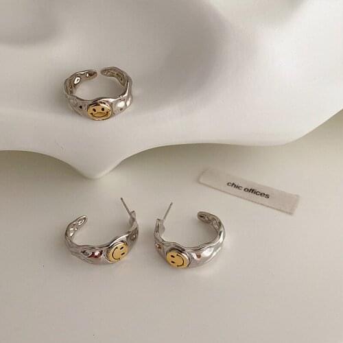 Minar Vintage Yellow Color Smile Pendant Rings for Women 2021 Metal Alloy Irregular Adjustable Open Charm Ring Statement Jewelry