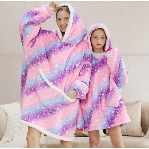 Mother&Kids Winter Polar Fleece Hoodies Family Matching Clothes Wearable TV Blankets Oversized Sweatshirts Winter Sherpa Blanket