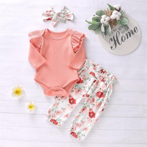 0-18M Newborn Infant Baby Girl Clothing Slet Solid Long Sleeve Romper Floral Pants Headband Outfits Baby Girls Costumes Autumn