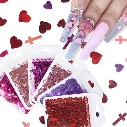 6Pcs/Set Mixed Love Heart Cross Sequins Nail Art Accessories Colourful Sparkly Glitter Flakes For Manicure Decorations DIY Nails