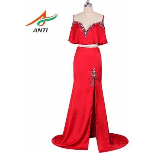 ANTI Burgundy Sexy Two piece Prom Dresses 2018 V Neck Beads Crystal Party Gowns Sleeveless Sweep Train Cheap Satin Party Dress