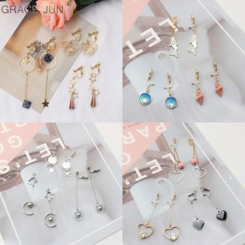 GRACE JUN 3 Pairs /set Clip on Earrings Non Pierced for Women Luxury Geometric Clip Earrings Heart Flower Tassel Cuff Earrings