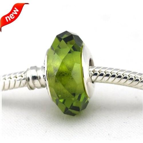 CKK 925 Sterling Silver Murano Glass Beads Abstract Charm With Faceted Light Green Crystal Jewelry Fits For Bracelets