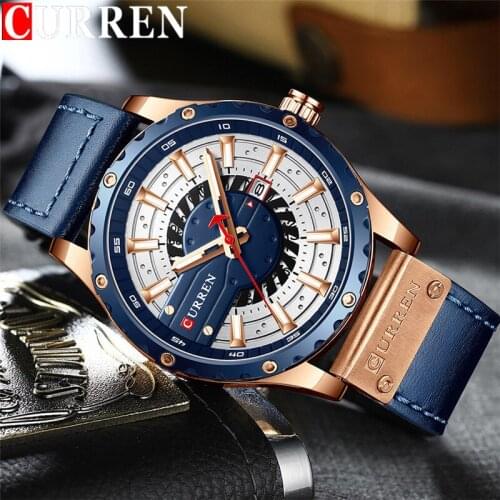 CURREN Sport Men Watch Top Brand Luxury Blue Military Waterproof Male Clock Genuine Leather Quartz Auto Date Man Wristwatch 8374