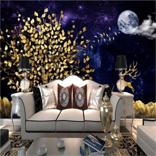 Luxury Home Decor Gold Foil Forest Elk Starry Sky Backdground Mural Wallpapers for Living Room Wall Paper 3D Papel De Parede