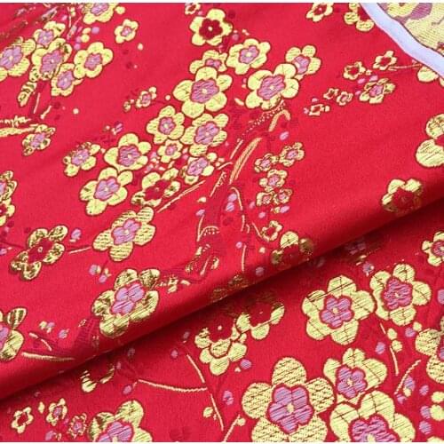 75cm*100cm kimono robe silk fabrics Brocade red background gold clubs plum clothing dress diy handmade fabric wholesale