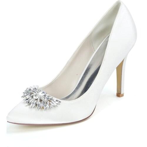 Pointed toe Classic Lady High Heels with fan-shaped Crystal Brooch Party Prom Bridal Wedding Satin Dress Shoes Women Stelitto