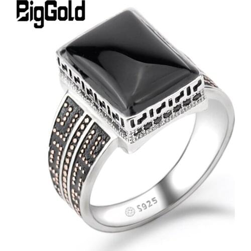 925 Sterling Silver Black Ring for Men with Rectangle Agate Stone Mature Charm Sensibility Rings Turkish Handmade Jewelry Gift