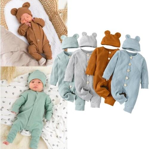 Lioraitiin 0-24M Newborn Infant Baby Boy Girl Autumn Romper Long Sleeve Solid Autumn Jumpsuit Hat 2Pcs Outfit
